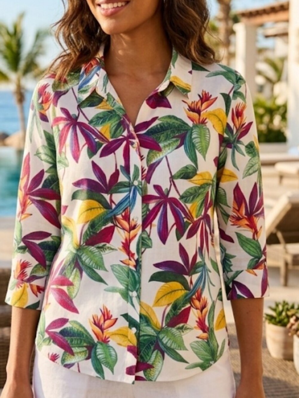 Chicos Botanical Linen Button-Up Blouse Top  Resortwear Size 16